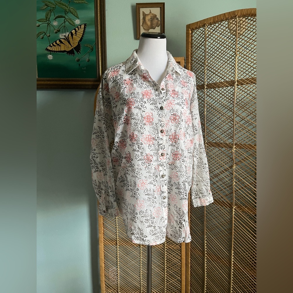 Anthro button up blouse botanical print with embroidered florals